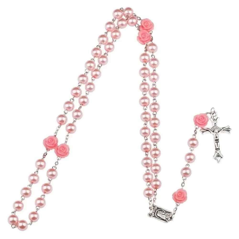 6MM Pink Pearl Beaded Rose Rosary Necklace Women Chain Crucifix Cross Pendant